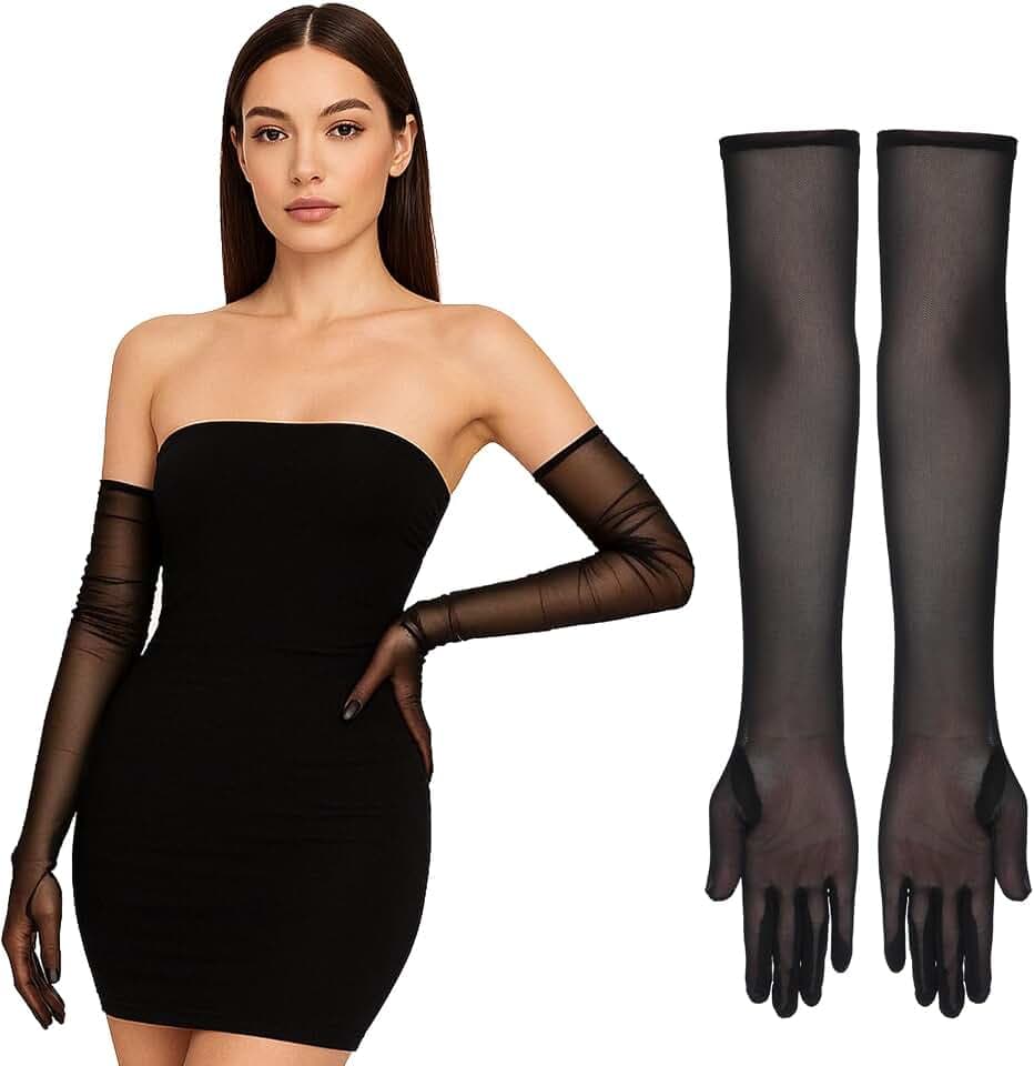 Lange schwarze durchsichtige Handschuhe, Spitze, Opernhandschuhe, Netzstoff, für Damen, formeller Handschuh, Tüllhandschuh, 1920er-Jahre, Zubehör, Teeparty-Zubehör, Flapper, Abschlussball, Zubehör für