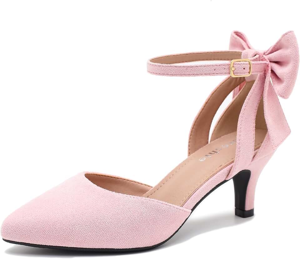 fereshte Women's Kitten Heel Pumps with Bow, Ankle Strap, Pointed Toe, Wedding Evening Dress Shoes