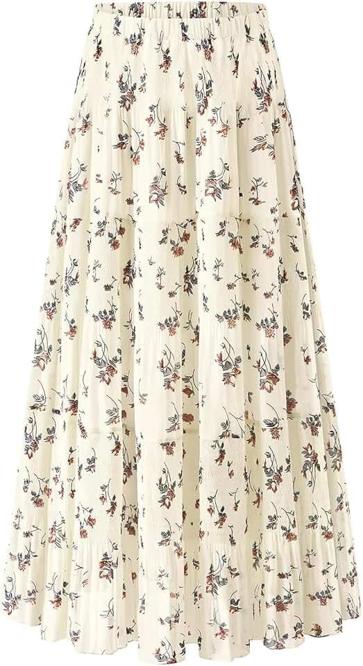 comefohome Maxirock für Damen, plissiert, lang, fließend, Chiffon, elastische Taille, gestuft, A-Linie, Sommerrock für Damen