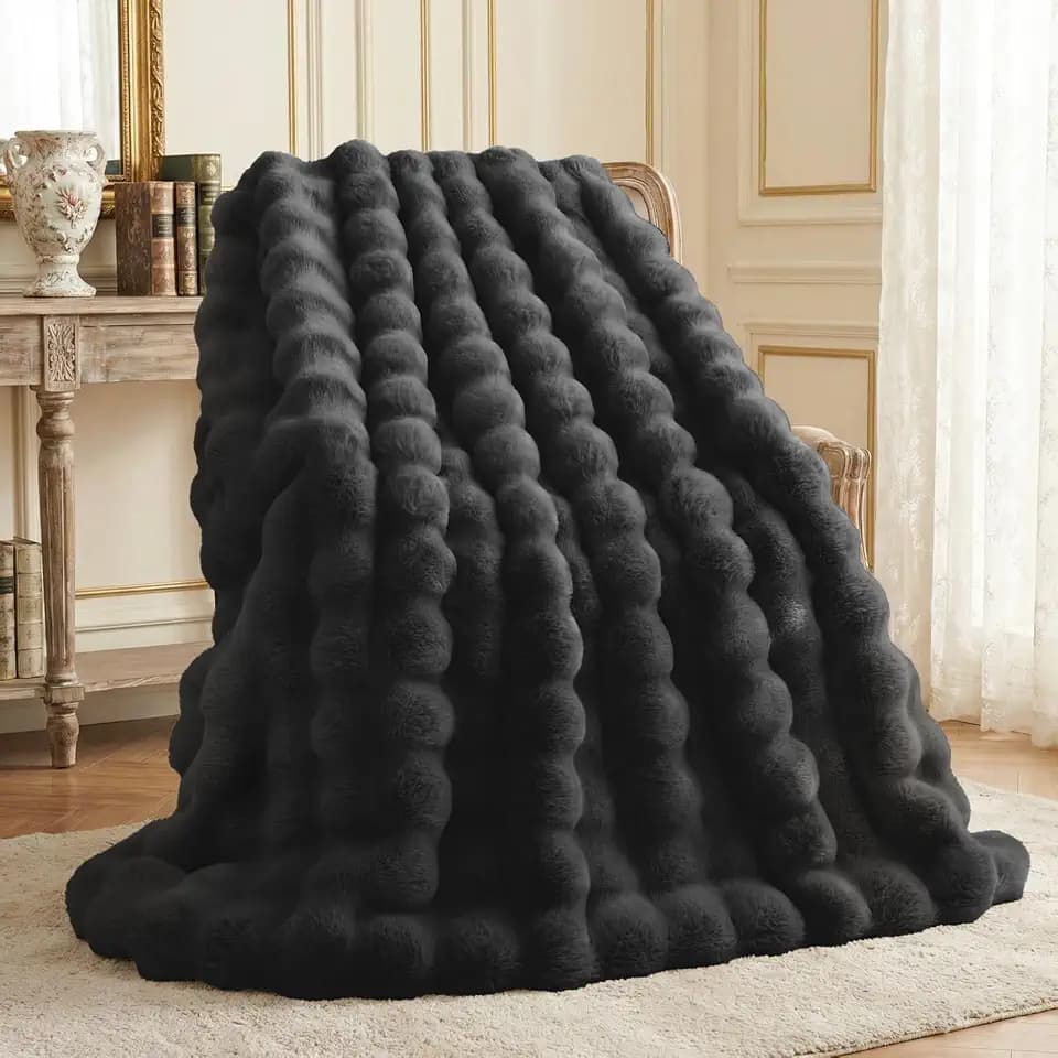 L'AGRATY Faux Rabbit Fur Throw Blanket for Couch, 50'' x 60'', Black