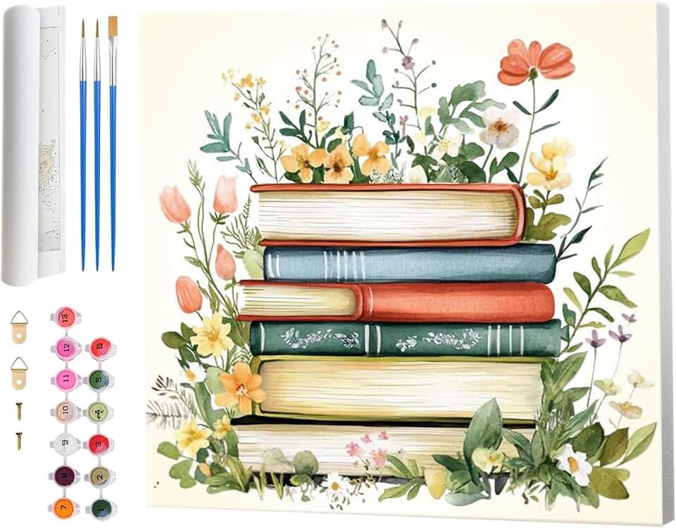 Amphol Paint by Numbers Kit for Adults Beginner, DIY Book Flowers Paint by Numbers Canvas with Brushes, Acrylic Paint, DIY Painting by Number for Gift Home Decor - 16”x16”