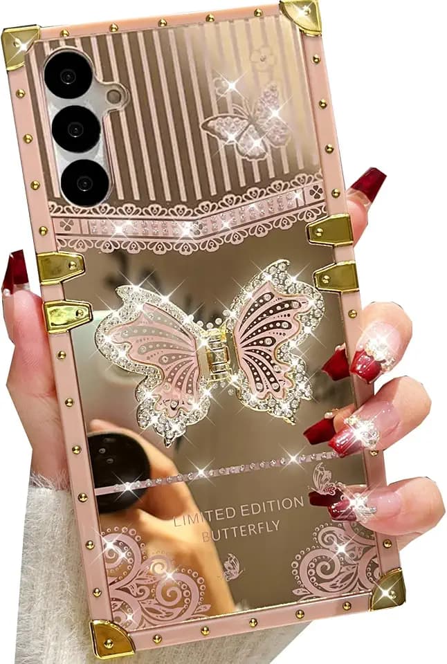 Changjia for Samsung Galaxy S25 Glitter Kickstand Case,Cute Luxury 3D Bling Sparkly Diamond Butterfly with Foldable Stand Mirror Elegant Shockproof Protective Case for Women Girls for Galaxy S25,Pink
