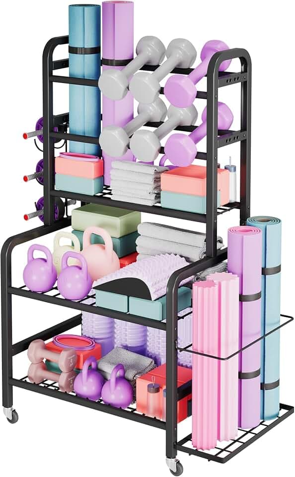 Homeiju Dumbbell Rack, Weight Rack for Home Gym, Yoga Mat Storage Holder with Lockable Wheels, Dumbbell Stand with Hooks, All in One Work out Equipment Storage for Yoga Mat Dumbbell and Balls