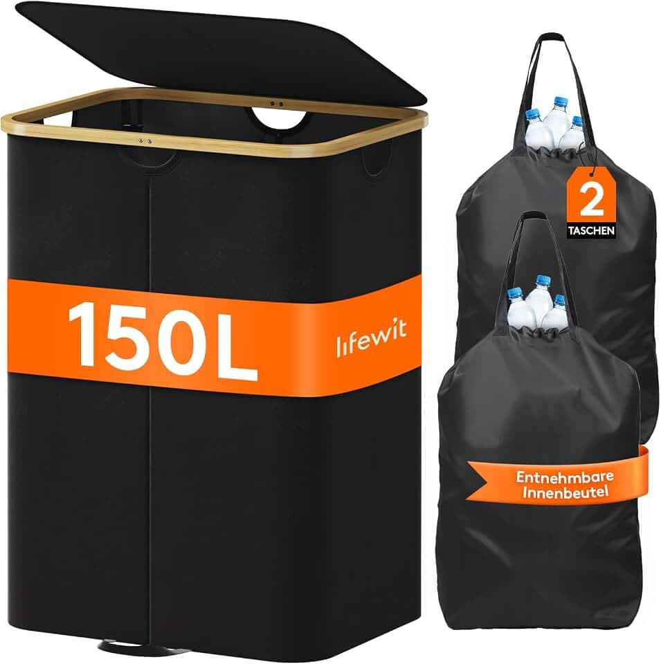 Lifewit 150L Pfandflaschen Sammelbehälter mit 2 Fächern und Deckel, Schwarz
