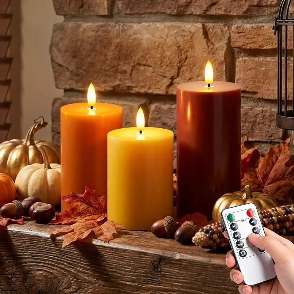 Fall Decor, Fall Decorations for Home, Flameless Pillar Candles, Set of 3