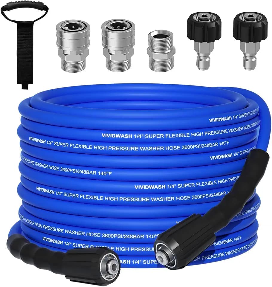 Kink Resistant 1/4" Pressure Washer Hose 50FT，3600PSI Power Washer Hose Replacement（M22-14mm）with 3/8" Quick Connect Adaptor for GreenWorks，Ryobi etc Household High-Pressure Washers