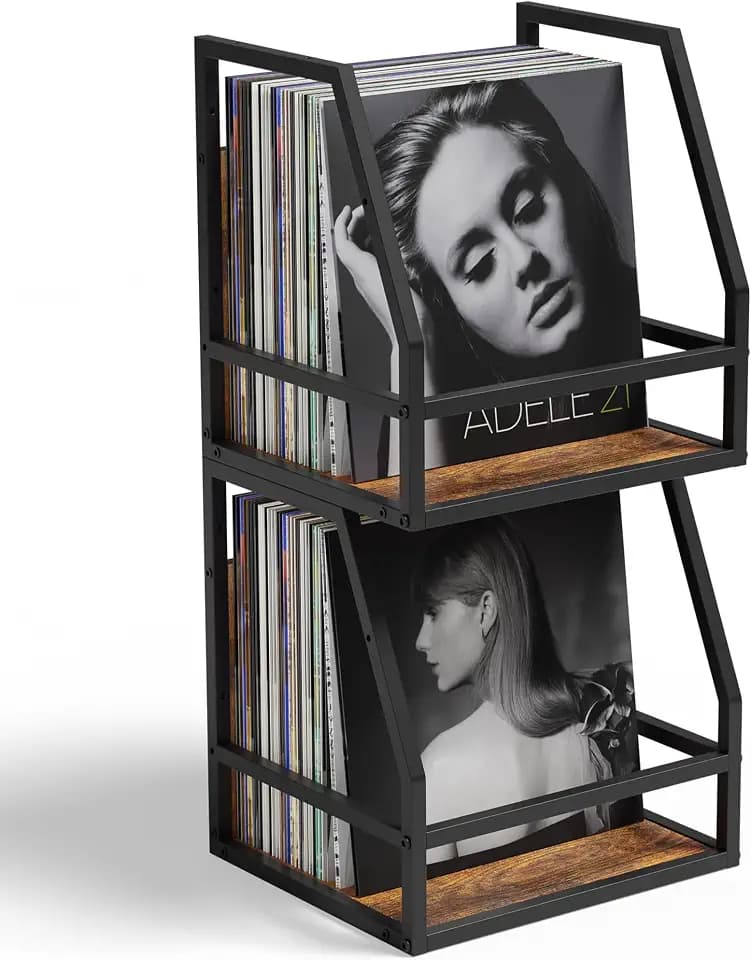 Y&M 2 In 1 Vinyl Record Storage Crate, 2 Pack Wood LP Holder, Wall Mount or Desktop Metal Album Organizer, Holds 80+ Records, Multifunctional Stackable Magazine Display Shelf, Brown