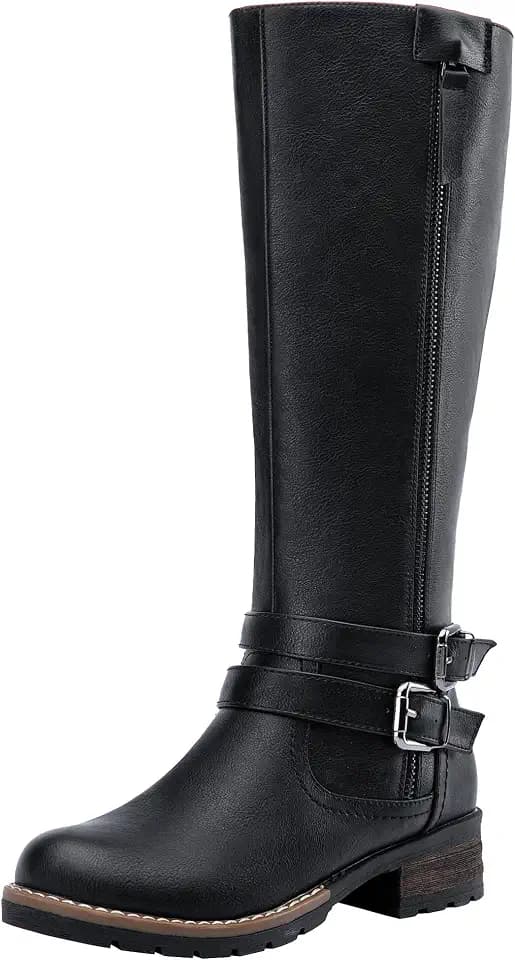 Jeossy Women's Knee High Classic Riding Boots with Zipper and Buckle Straps