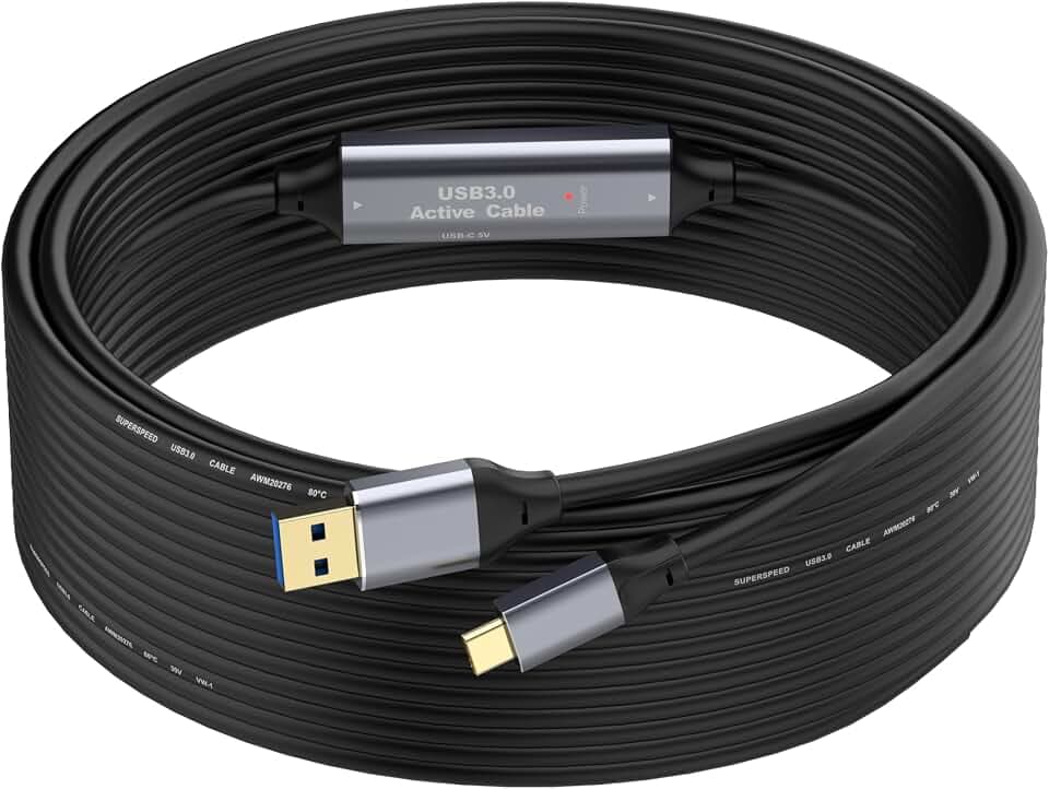 USB 3.0 Verlängerungskabel 10 m, USB-A auf USB-C, Aktiv, 5 Gbit/s | Nur Einweg-Datenübertragung, 2 Signalverstärker-Chips, USB-Netzkabel und doppelte Abschirmung für SSD, Kamera, VR und Scanner