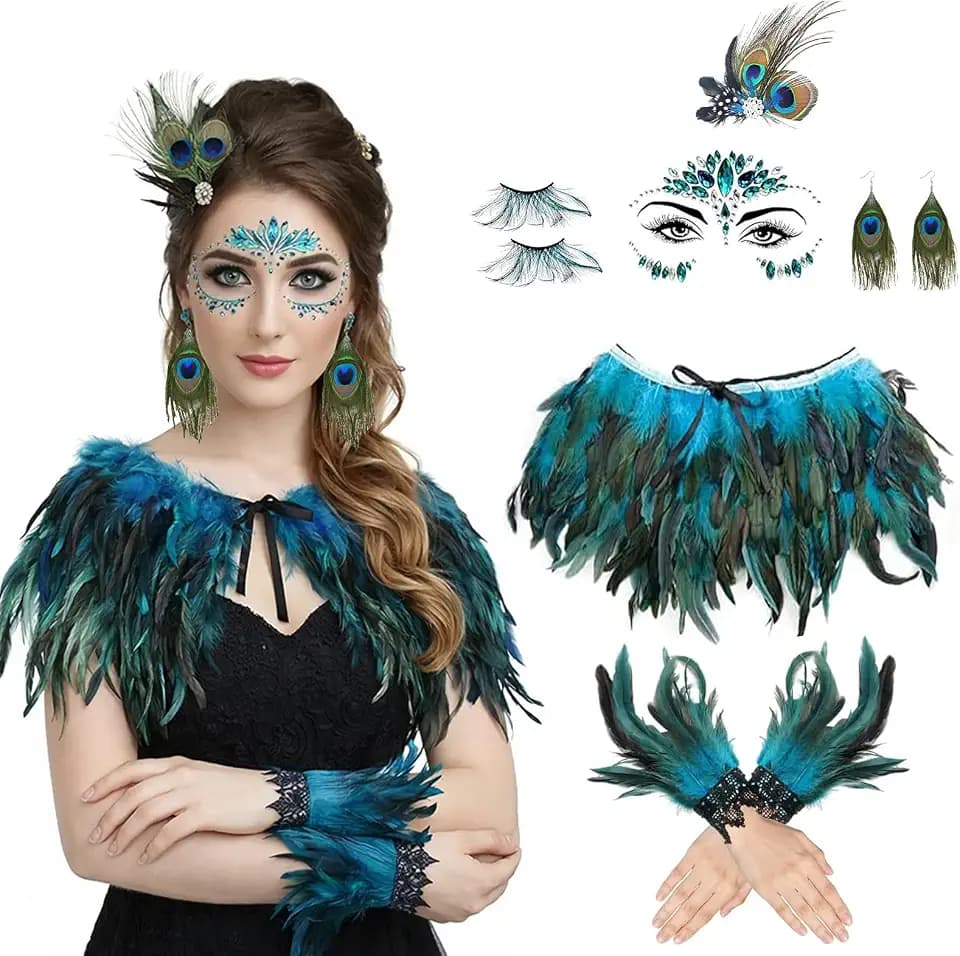 6 Stücke Pfau Kostüm Damen, Pfauen Kostüm Damen, mit Pfauenfedern Schultertuch, Feder Manschetten Hand, Pfau Kopfschmuck und Ohrringen, für Karneval Cosplay Kostümfeste