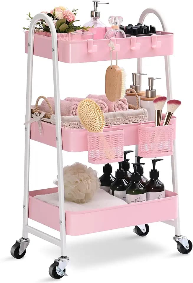 KINGRACK 3 Tier Utility Rolling Carts, Metal Rolling Storage Cart, Craft Art Cart with Handle and Locking Wheels & 2 Hanging Baskets 4 Hooks for Bathroom, Bedroom, Pink
