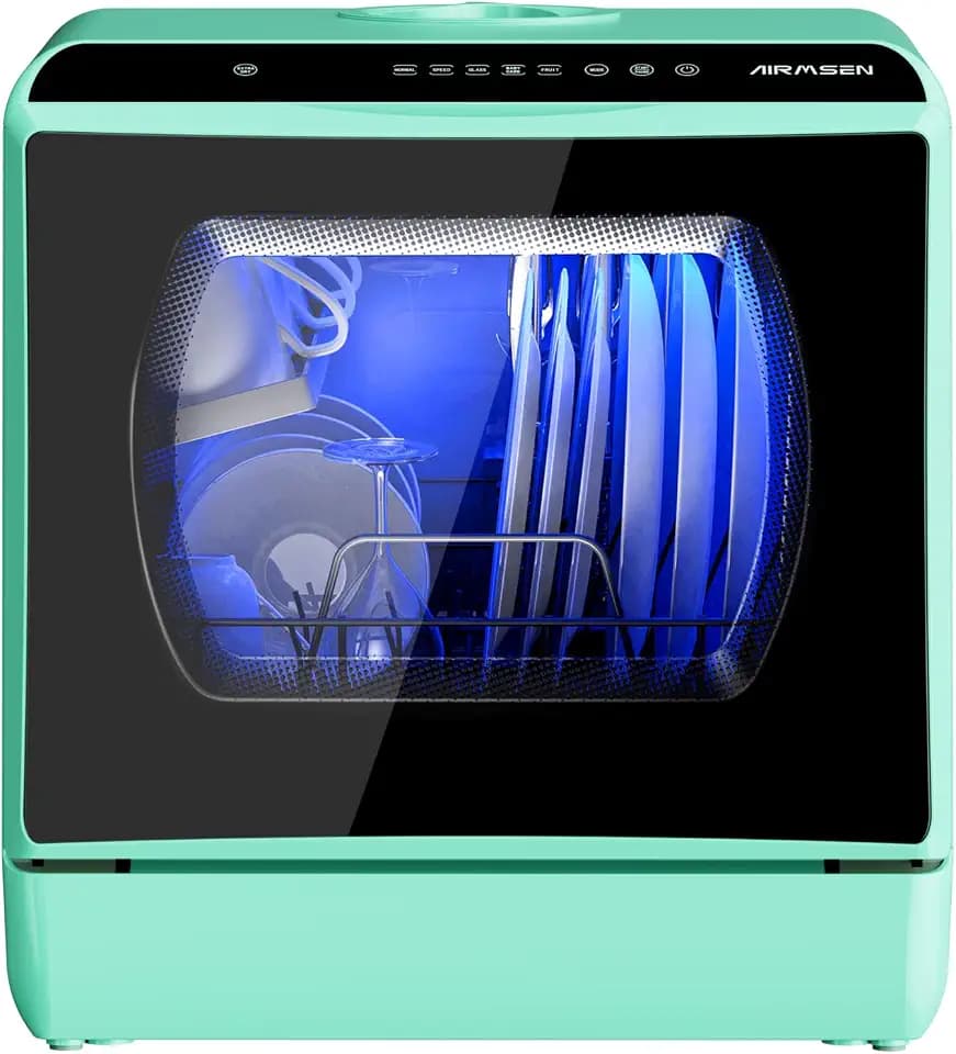 AIRMSEN Tischgeschirrspüler, Mini Geschirrspüler mit 5+1 Programme (Grün) | 5L Wassertank, 2 Wege Wasserversorgung, Touch Control & LED-Display, Geeignet für Hausküchen, Wohnungen, Schlafsäle