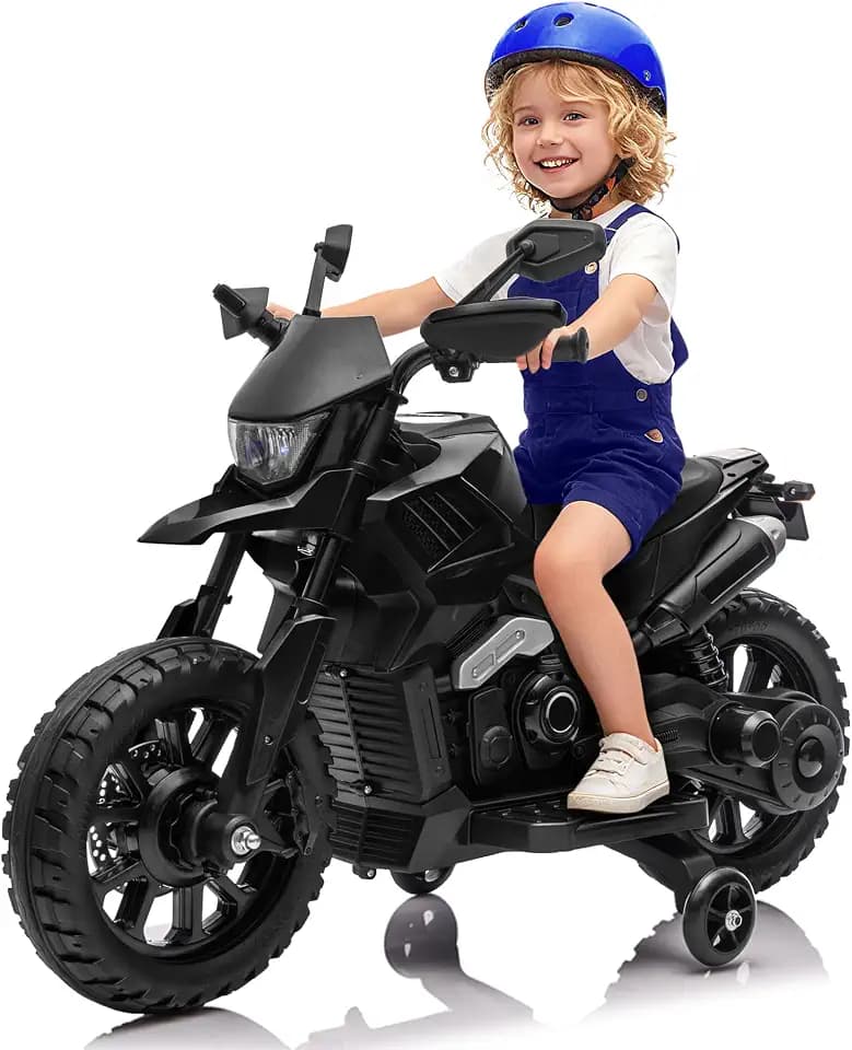 6V Kids Motorcycle with Training Wheels - 2-5Mph Adjustable Speed Electric Toddler Motorcycle for Boys Girls - Battery Powered Ride on Motorcycle for Toddlers with Headlight & Music