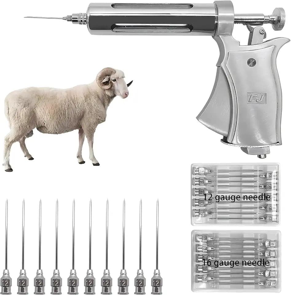 Veterinary Livestock Syringe - 50CC Adjustable Dosage Semi-Automatic Injection Gun with 20 Needles for Horses, Sheep, Cattle, and Pigs, Precise Dosage Veterinary Syringe for Farm Use