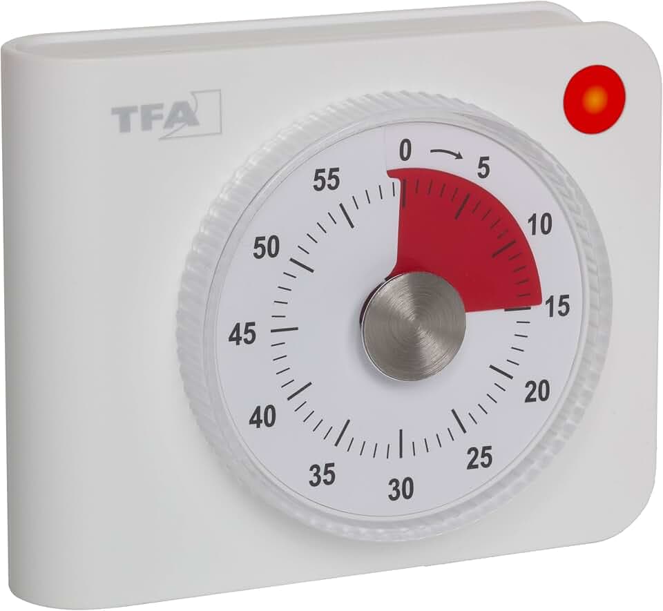 TFA Dostmann Analoger Timer batteriebetrieben, 38.2058.02, mit extra lautem Alarm und Blinklicht, 60 Minuten, Küchentimer, Eieruhr, Sport oder Prüfungen geeignet, magnetisch, weiß
