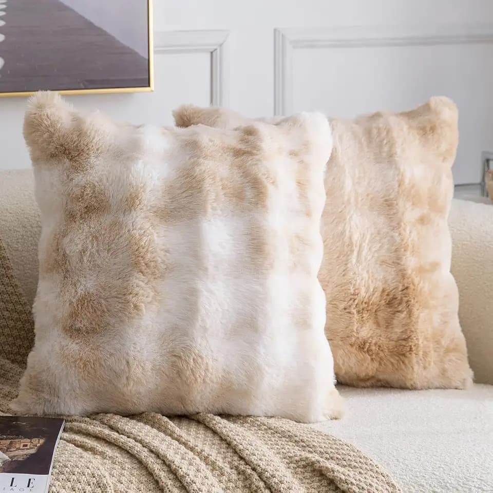 MADIZZ Pack of 2 Thick Plush Faux Wool Throw Pillow Covers Soft Boho Throw Pillows Luxurious Cushion Covers for Couch Sofa Bedroom Living Room Home Decor 18x18 Inch Beige Camel
