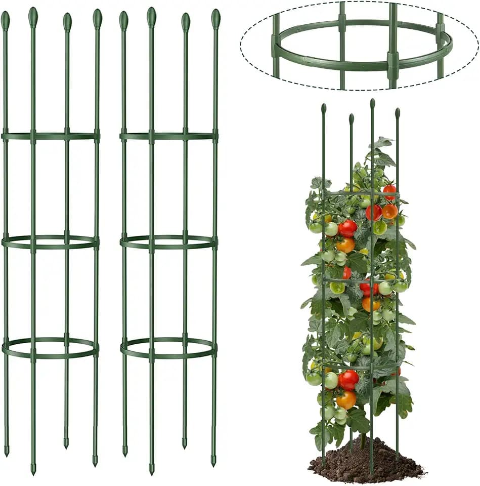 Round Heavy Duty Tomato Cage - 55 Inch Steel Core Plastic Coated Garden Trellis, 4-Post Rustproof Plant Support for Tomato/Cucumber/Beans, No Tools Snap Assembly, Spare Parts Available