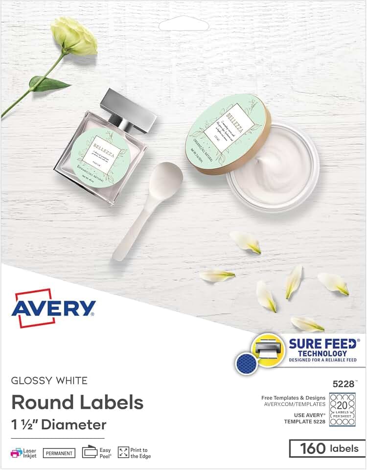 Avery Round Labels, 1.5" Diameter, Glossy White, Sure Feed Technology, Print-to-The-Edge Capability, Laser/Inkjet Compatible, 160 Printable Labels Total (5228)