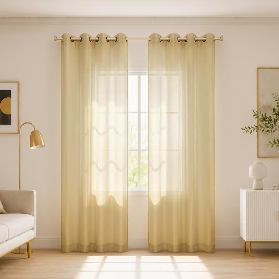 Mrs.Naturall Gold Sheer Curtains 84 Inches Long for Living Room, Bronze Grommet Elegant Luxury Faux Silk Semi Voile Modern Window Sheer Curtains for Bedroom Dining Room Set 2 Panels