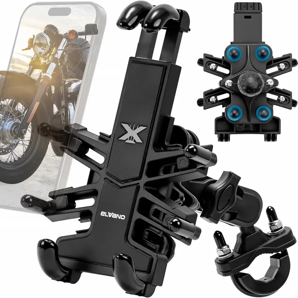 ELVANO Motorcycle Phone Mount Holder: Anti-Shake Phone Mount with Vibration Dampener for 4.7-7.2" Smartphone, Heavy Duty Adjustable Cellphone Clip Fits 0.6-1.3" Handlebar for Bike Bicycle Scooter ATV
