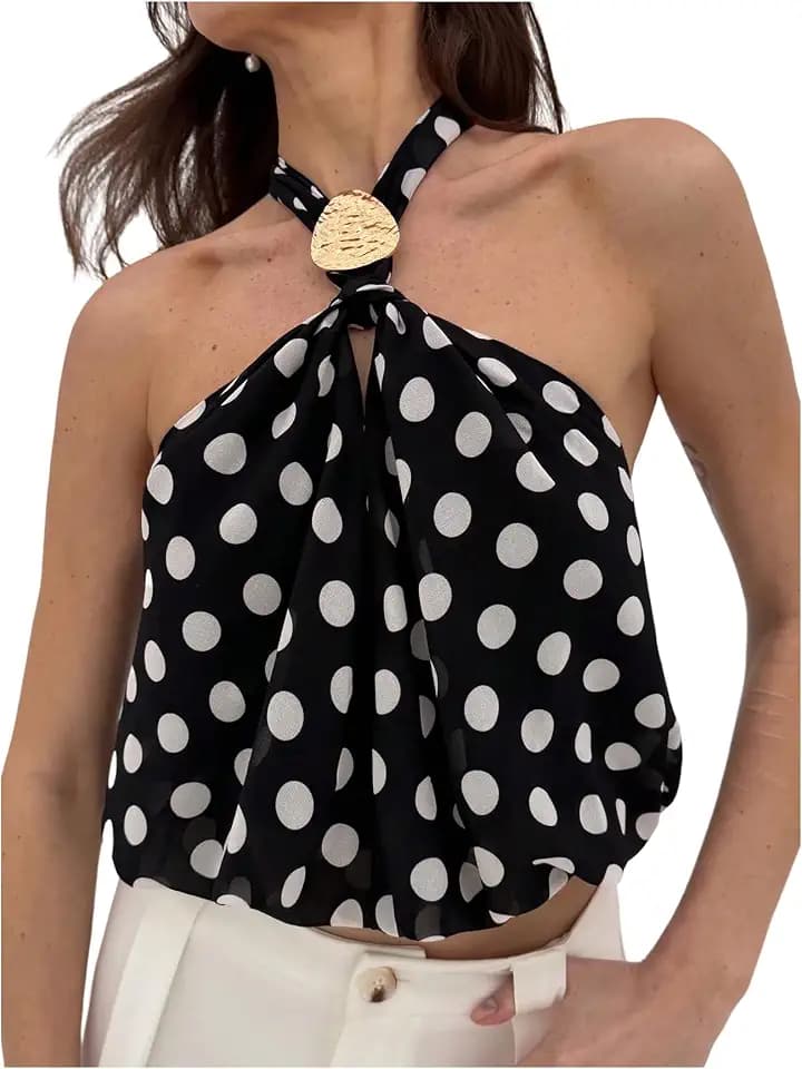 MakeMeChic Women's Polka Dots Going Out Top Halter Crop Open Back Tops