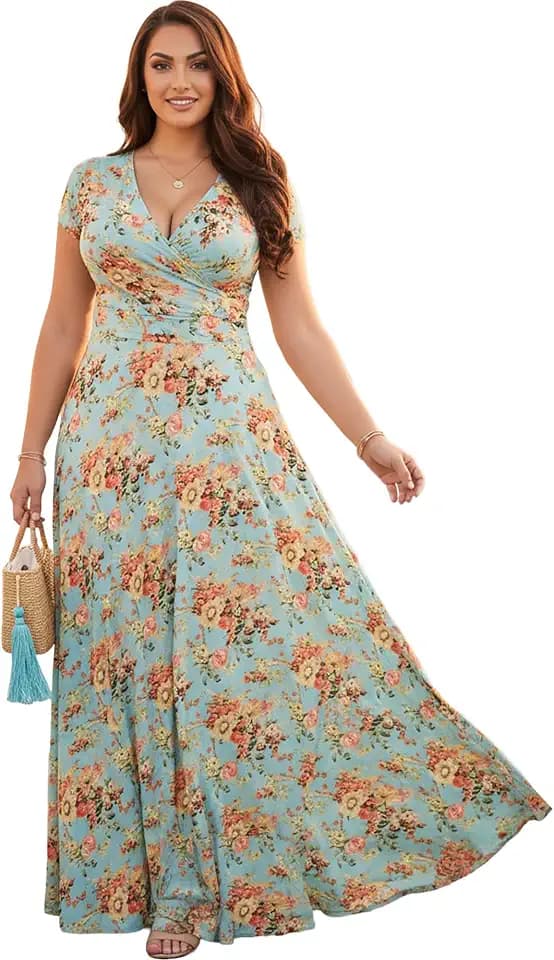 KOH KOH Womens Long Summer Floral Print Cap Sleeve Flowy Modest Maxi Dress