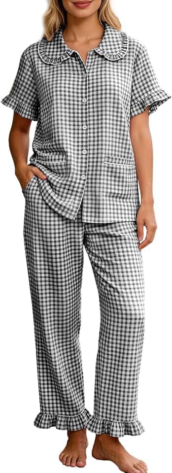 Womens Gingham Pajamas Sets Cotton 2 Piece Lounge Set Ruffle Short Sleeve Babydoll Shirt Long Pants Pjs