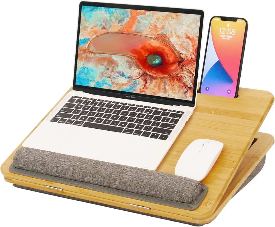 Adjustable Bamboo Lap Desk with Cushion - 5 Tilting Angles Ergonomic Laptop Bed Tray for Computers 15 inches or Less, Phone & Tablet Holder Slot, Dual Bolster for Comfort on Couch, Bed, Sofa & Car