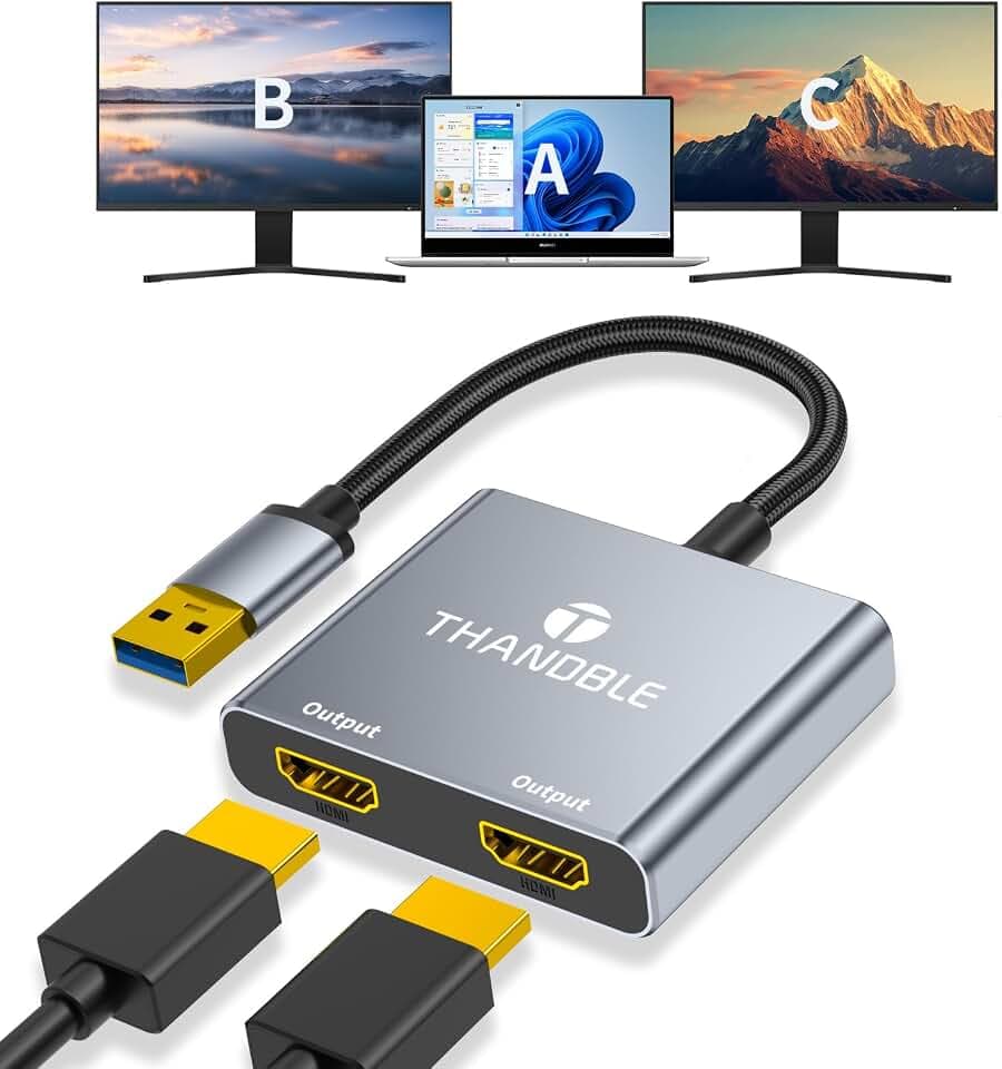 USB to Dual HDMI Adapter 1080P 60Hz, USB A 3.0 to HDMI Adapter for Laptop, PC, Desktop, Compatible with Mac OS, Windows 7/8/10/11 - Requires Driver Installation