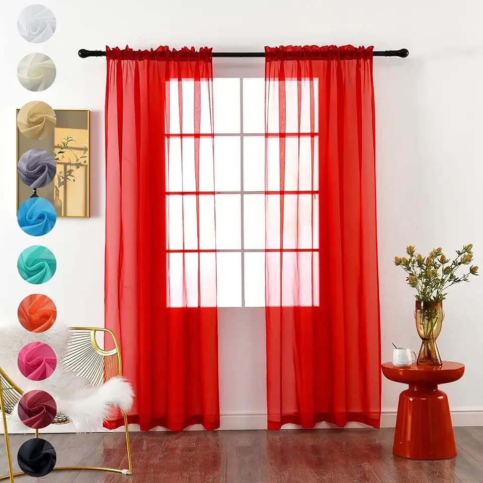 youleyar Solid Sheer Rod Pocket Curtain Voile Draperies 2 Panels White Beige Black Red Coffee 38 Inch Width 63 Inch Long 1 Pair for Kitchen Bedroom Children Living Room Yard(Red,38Wｘ63L)