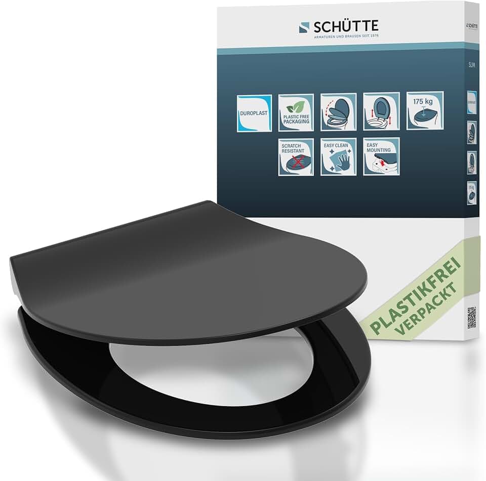 SCHÜTTE SLIM WC-Sitz | Duroplast Toilettensitz mit Absenkautomatik | Toilettendeckel mit Schnellverschluss für einfache Reinigung | Klobrille geprüft bis 175kg Belastbarkeit | Schwarz