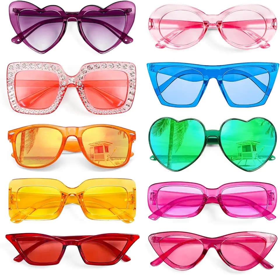 10 Pack Pink/Hotpink/Red Sunglasses for Women Set, Trendy Retro Party Sunglasses Costume Accsessory