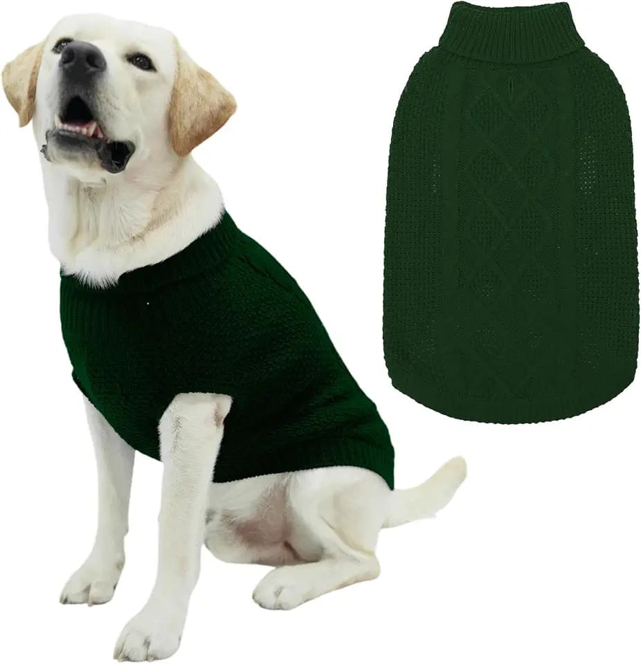 Mihachi Turtleneck Dog Sweater - Winter Coat Apparel Classic Cable Knit Clothes with Leash Hole for Cold Weather, Ideal Gift for Pet in New Year Army Green XL
