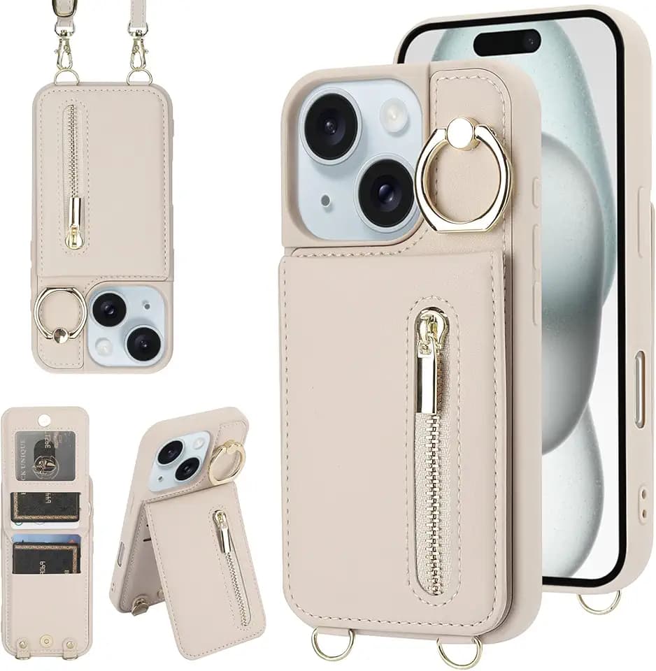 Crossbody Wallet Case for iPhone 15 with Lanyard Strap Card Slot Holder RFID Blocking Ring Kickstand,Magnetic Flip Folio Zipper Purse Case, PU Leather Cover Handbag,Beige