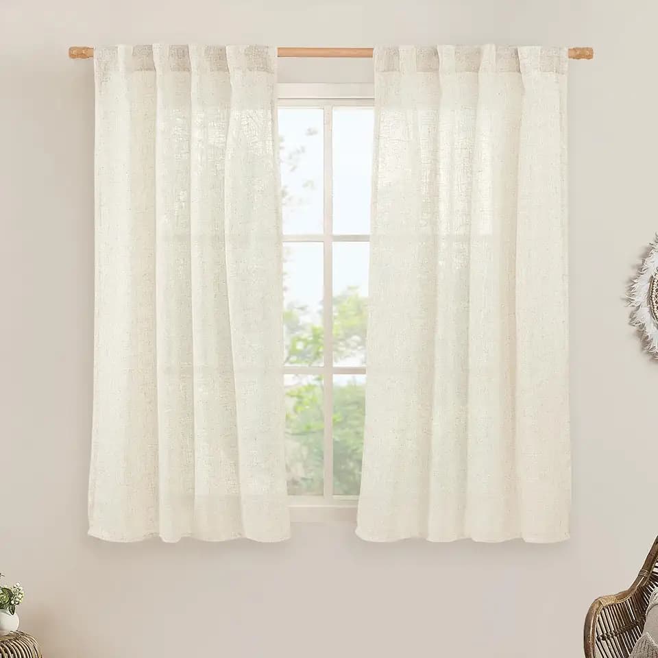 LAMIT 54 inches Long Semi Sheer Linen Curtains 2 Panels, Cream Ivory