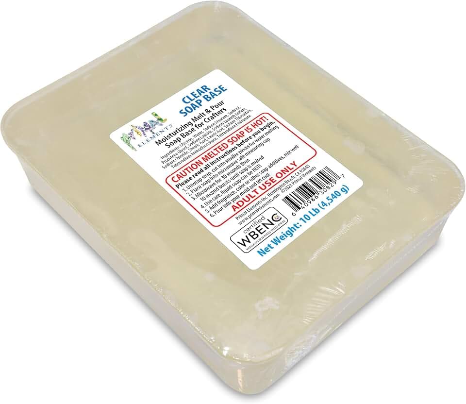 Primal Elements Clear Soap Base - Moisturizing Melt and Pour Glycerin Base for Crafting, Easy to Cut, Unscented - 10 Pound