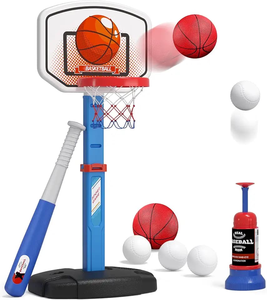 HYES 2 in 1 Kid Basketball Hoop and T Ball Set, Blue