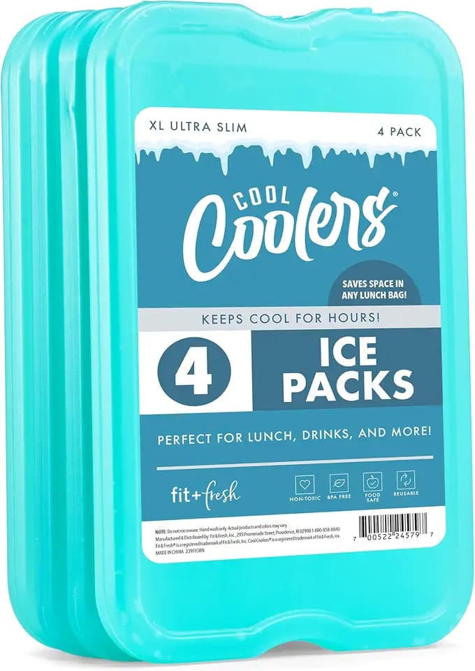 Cool Coolers by Fit & Fresh 4 Pack XL Slim Ice Packs, Quick Freeze Space Saving Reusable Ice Packs for Lunch Boxes or Coolers