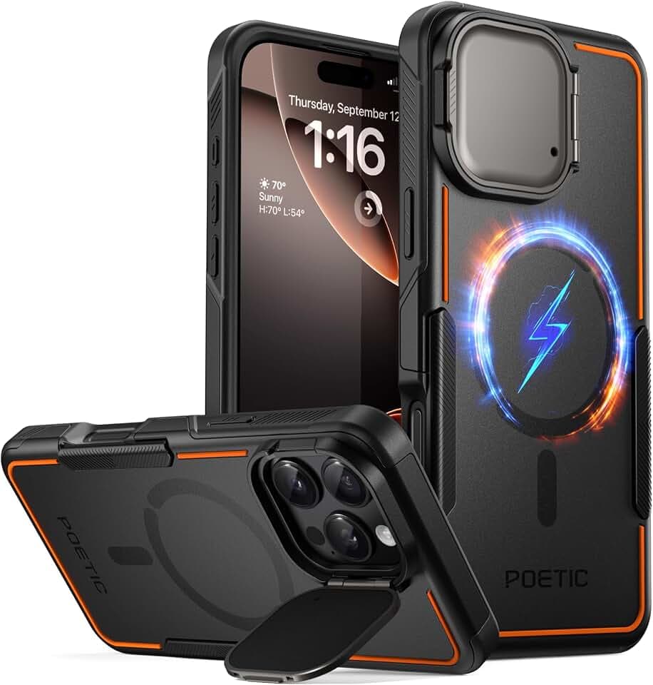 POETIC Neon Hülle Kompatibel mit iPhone 16 Pro Max, [Eingebaute Kamera-Abdeckung Ständer] [Kompatibel mit MagSafe] Dual Layer Slim Stoßfest Schutzhülle Schwarz