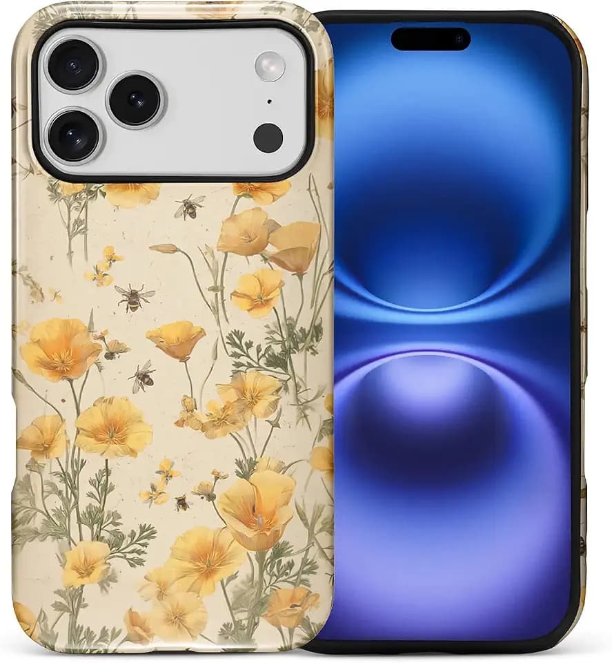 for iPhone 17 Pro Max 18 Pro Max Case, Hybrid 2-Layer Silicone Protective Glossy Case for Girl Women Cute Eco Friendly Vintage Bee Yellow California Poppies Pattern
