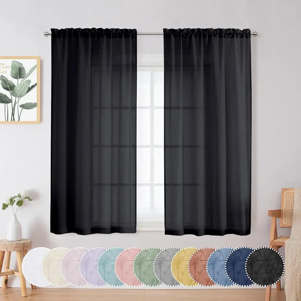 Chyhomenyc Crushed Sheer Black Curtains 54 Inch Length 2 Panels, Light Filtering Solid Crinkle Voile Short Sheer Curtian for Bedroom Living Room, Each 42Wx54L Inches