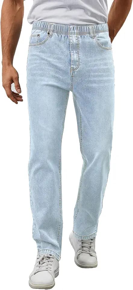 Mens Elastic Waist Jeans Relaxed Fit Stretch Denim Pants