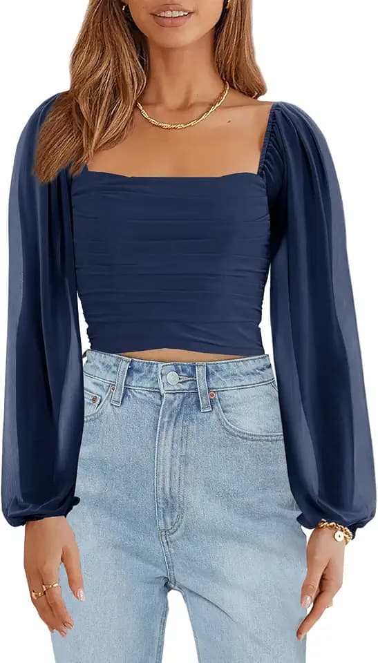 Wenrine Womens Mesh Long Sleeve Cropped Tops Square Neck Blouses