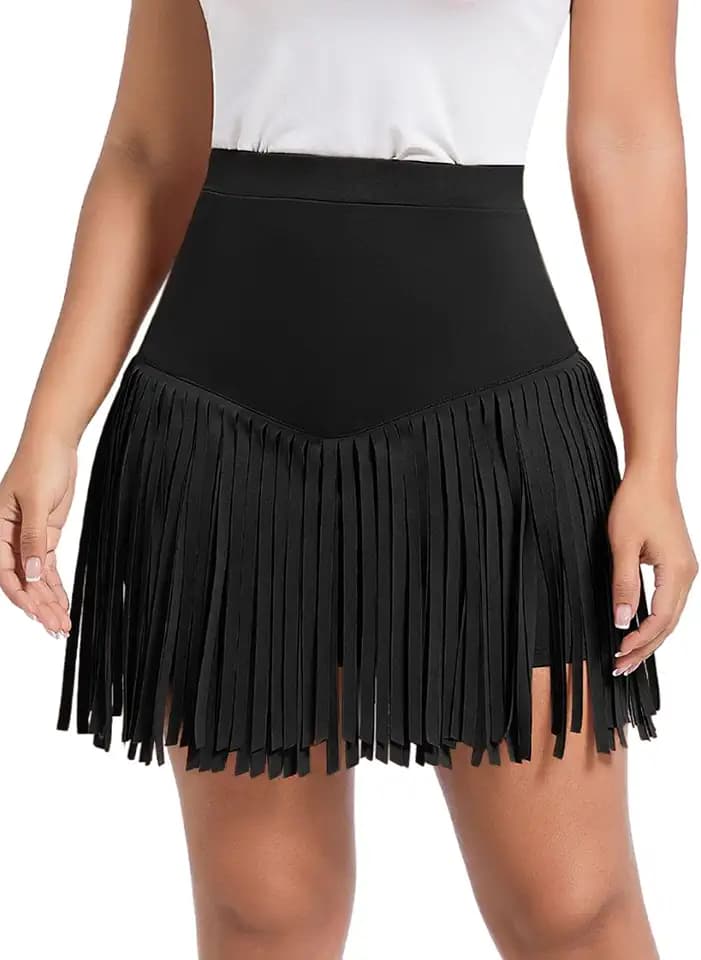 Damen Doppelschicht Fransen Rock - Sexy Rave Festival Outfit Mode Western Cowgirl Outfit Hohe Taille Skort Sommer Konzert Party Skirt Punk Techno Gothic Kleidung Minirock