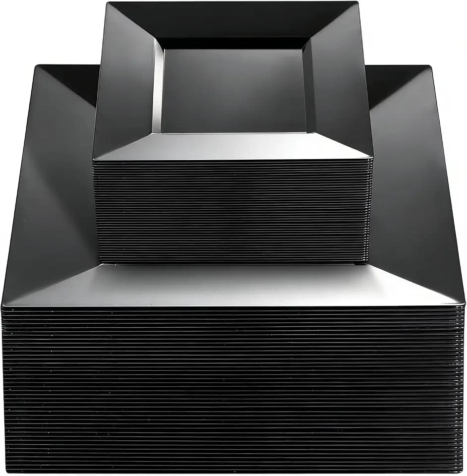 Liacere100PCS Black Plastic Plates-Premium Black Square Disposable Plates-Include 50PCS 9.5inch Dinner Plates - 50PCS 6inch Dessert Plates for Party ＆ Halloween