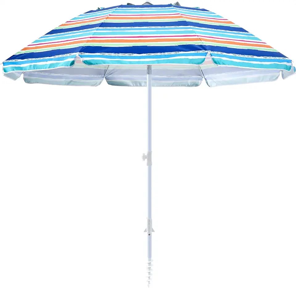 beach umbrella with sand anchor,UPF 50+protection,8 ribs, beach umbrellas for sand portable,with button tilt - multifunctional outdoor sunshade for gardens,courtyards,and beaches.