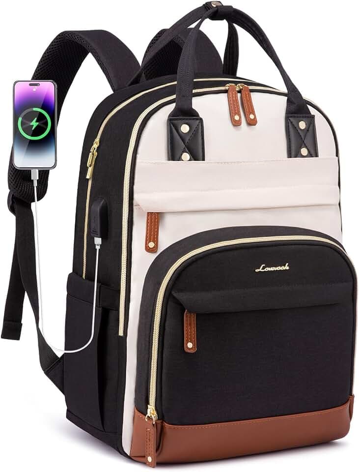 LOVEVOOK Laptop Backpack Women with USB Port Design,17.3 inch Waterproof Work Travel Backpack Computer Laptop Bag,Cute College Nurse Teacher Backpack Purse,Gifts for Women & Men,Beige-Black-Brown