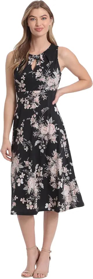 London Times Women's Dresses Printed Sleeveless Versatile Empire A-Line Keyhole Neckline Midi Dress