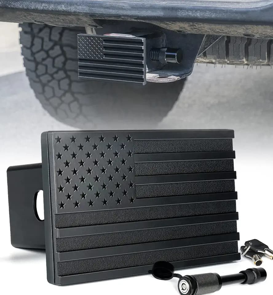 Xprite Aluminum Trailer Hitch Cover, Heavy Duty 2" Inch Tow Hitch Receivers Plug Cover with Pin Locks, American Flag Metal Emblem, Compatible with Pickup, SUV, Jeep, Cars, Trucks Accessories (Black)