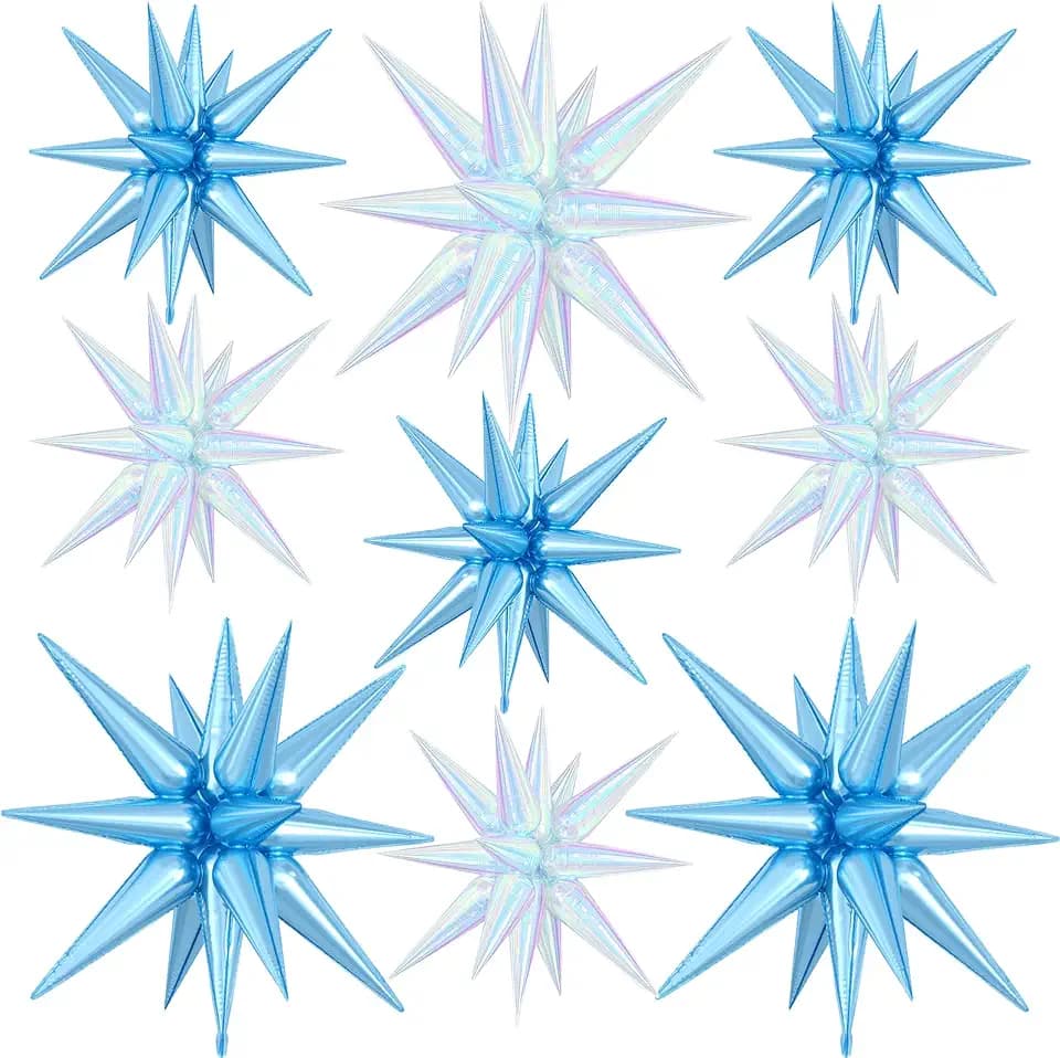 9Pcs Blue Iridescent Star Balloons, Explosion Spike Foil Balloons Party